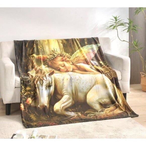 New Baby Fairy and Unicorn Plush Throw Blanket Gift Soft Mystical Forest Light - Picture 3 of 5
